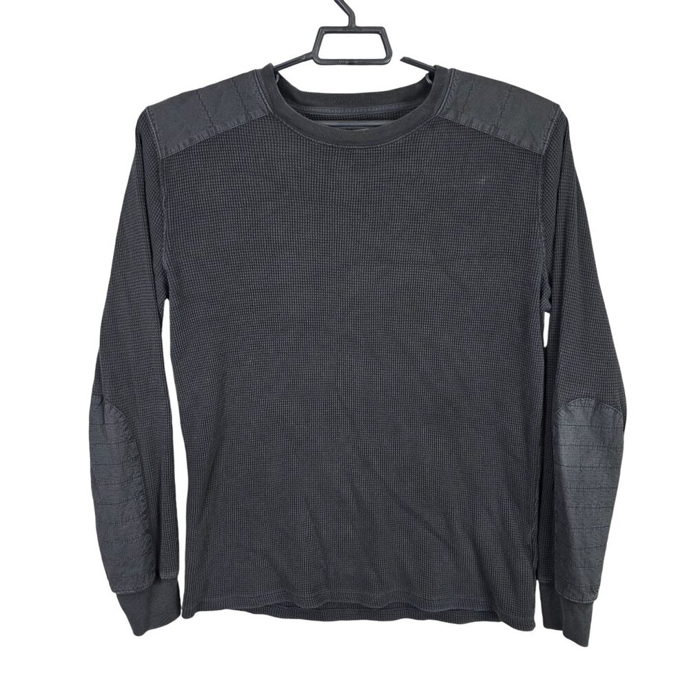Mens GAP Black Waffle Knit Thermal Shirt Long Sleeve Cotton Shoulder Panels XL